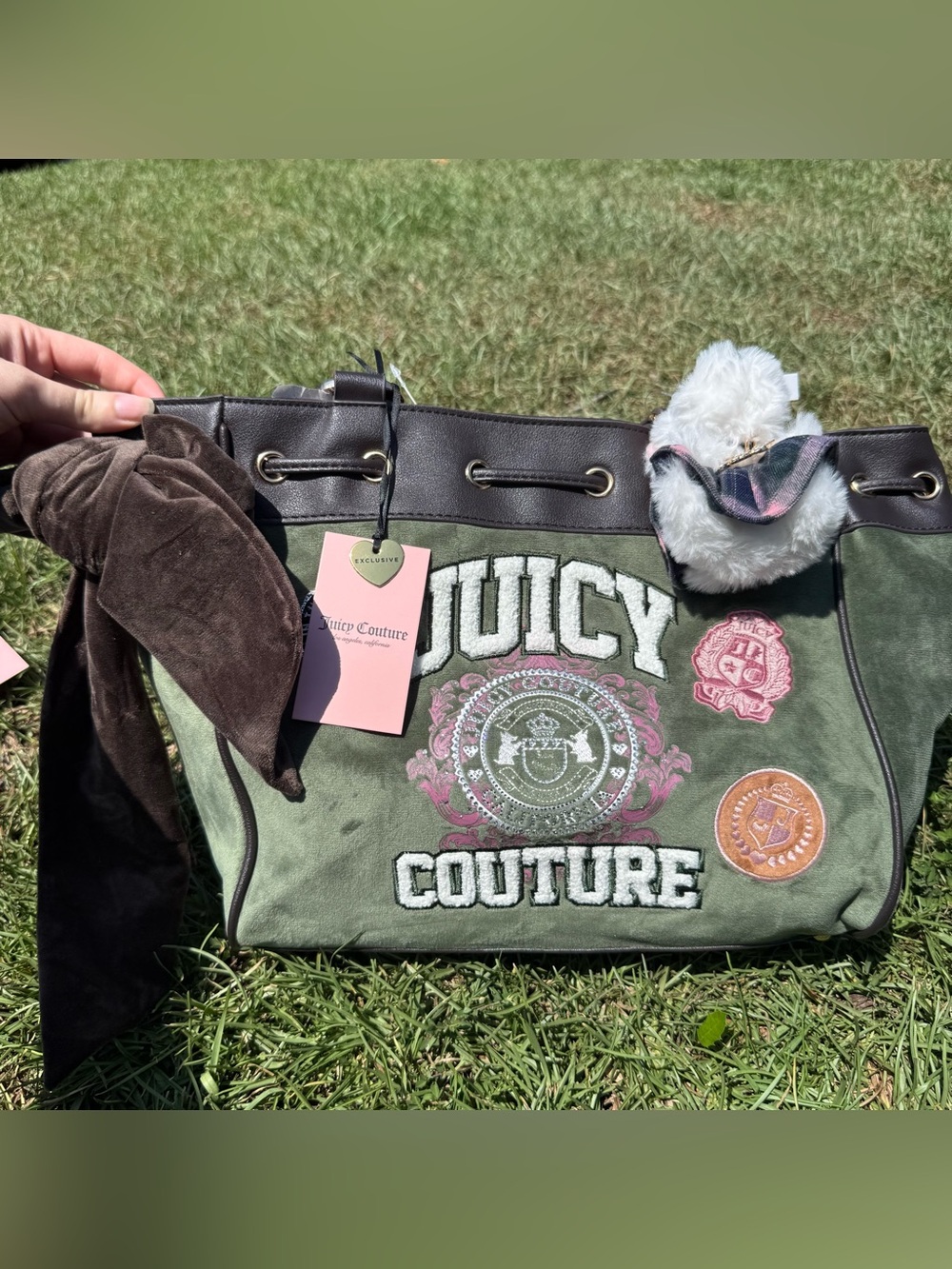 Juicy Couture Olive Green Canvas Logo Tote with Brown Trim and Pink Accents